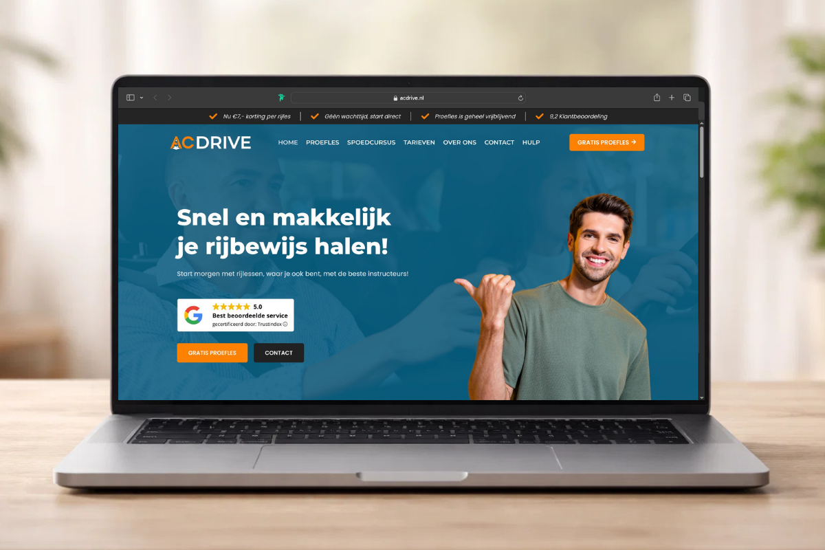 Professionele website voor rijschool AC Drive ontwikkeld door VT-Marketing